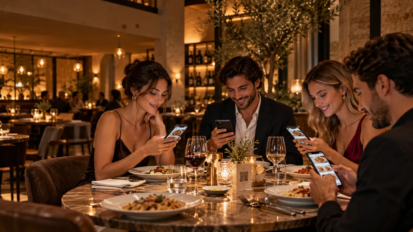 Four guests at a table browsing the Qodeup digital menu on their own smartphones