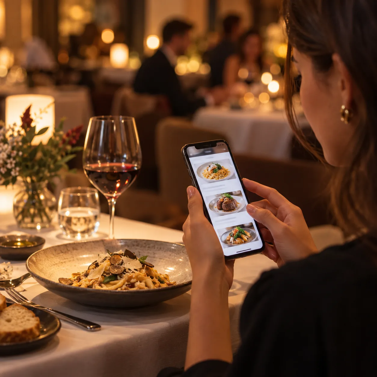Guest browsing relevant digital menu options from their phone at the table.