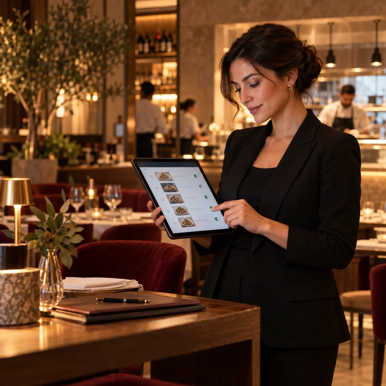 Restaurant manager setting menu rules and availability on a tablet.