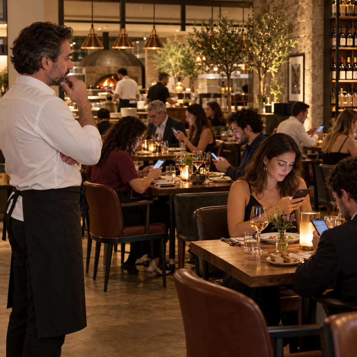 Restaurant manager overlooking a busy dining room as guests browse digital menus on their phones.