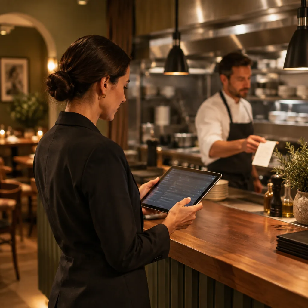 Restaurant manager checking the digital order flow in the venue.