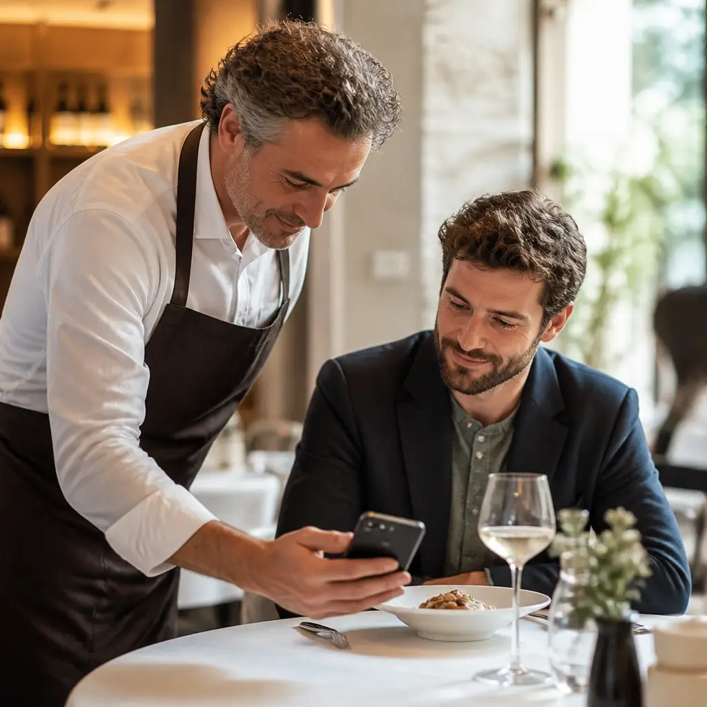 Cliente e ristoratore consultano il conto al tavolo