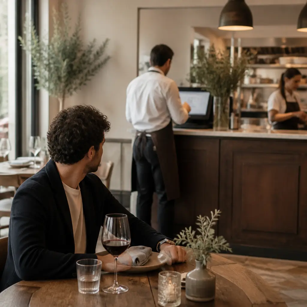 Cliente al tavolo in attesa di chiedere il conto