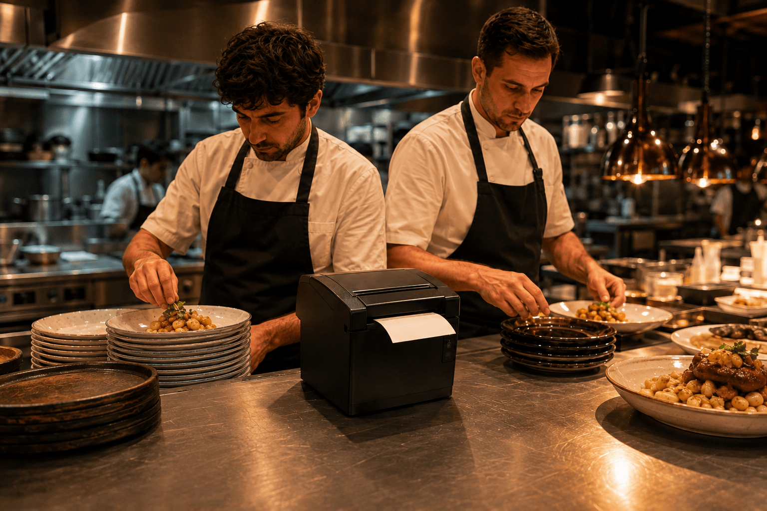 Cucina di ristorante in servizio con stampante per gli ordini