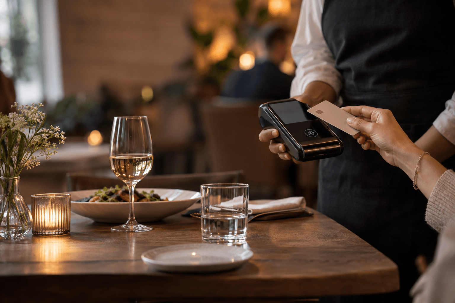 Cliente realizando un pago con tarjeta en la mesa de un restaurante.